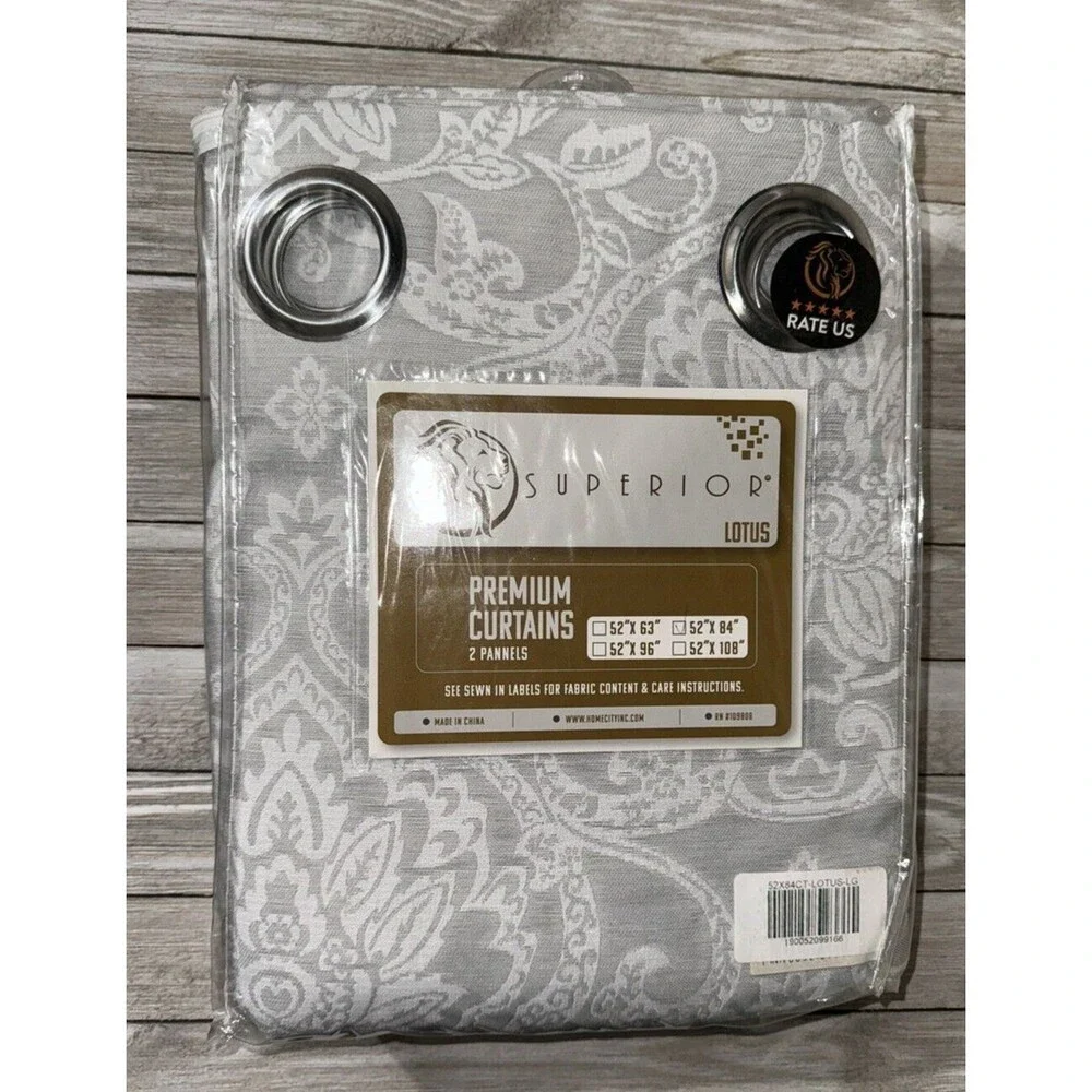 Superior Lotus Jacquard Premium Curtain Panel 2 Piece, Light Grey, 52”W‎ x 84”L